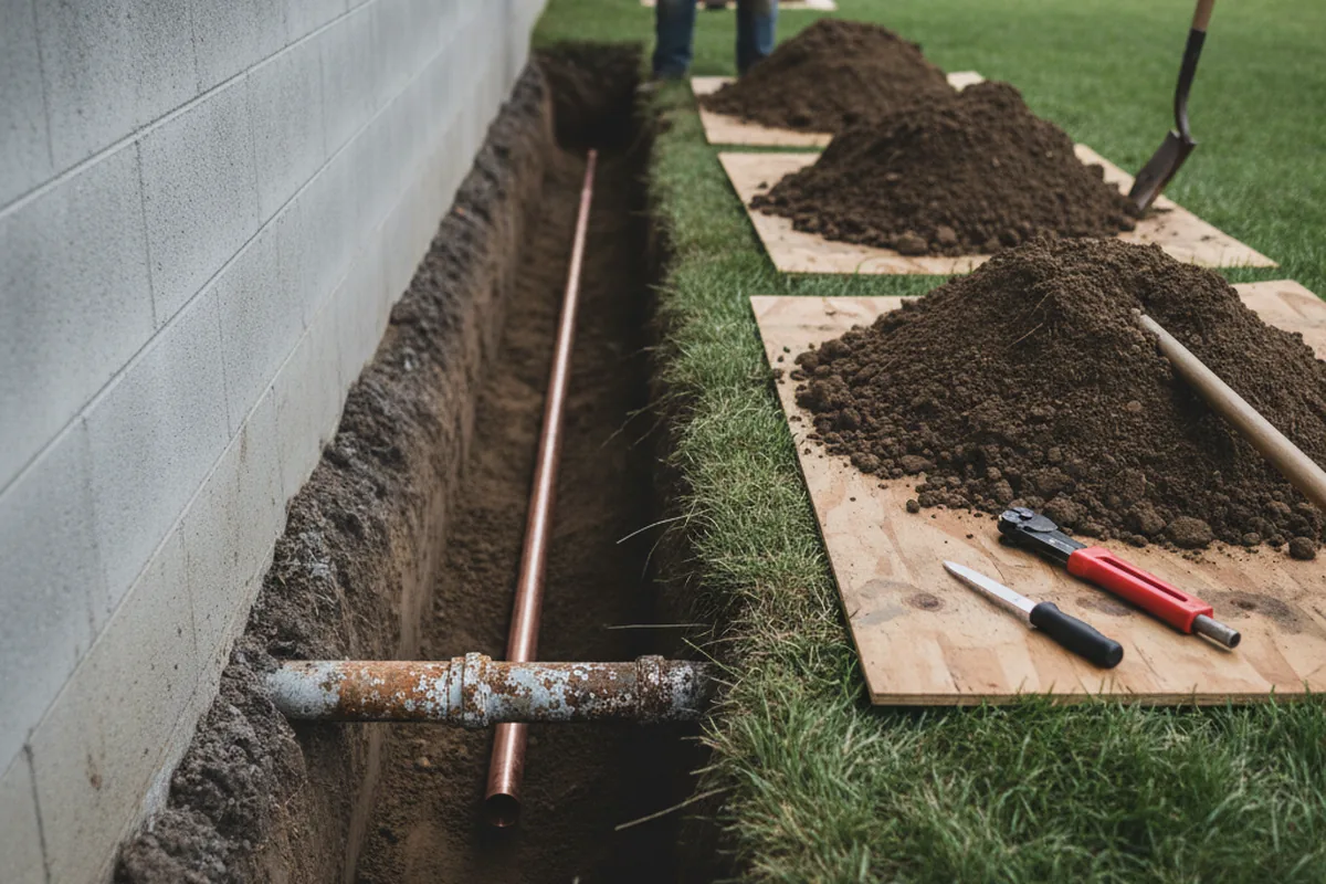 Excavated water line trench during Water Softener Installation in Lewisburg